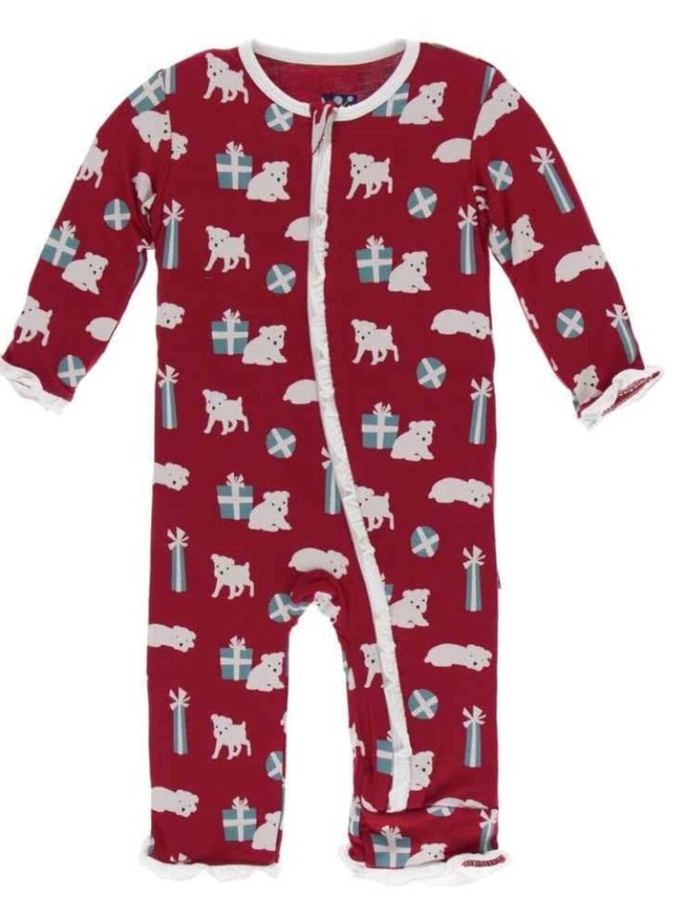NWT Kickee Pants Bamboo 3-6 months Ruffle Zip Coverall Crimson Puppies Presents